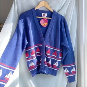 Vintage 1990s Sailboat Blue Cardigan Sweater Medium Nautical Preppy Coastal Fish
